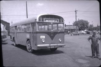 Danforth Bus Lines, bus #45 at garage, Danforth Avenue, south side, between Elward Boulevard & August Avenue, looking north to Danforth Avenue