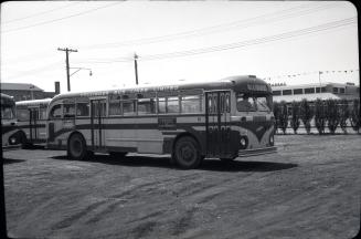 Hollinger Bus Lines, bus #91, at garage, Woodbine Avenue, southeast corner O'Connor Drive, looking southwest