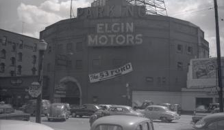 Historic photo from 1953 - Cyclorama building - used by Elgin Motors - 123 Front St. W., south side, west of York St. in Financial District
