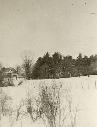 Image shows a lot of land space covered with snow. There are trees and a house in the backgroun ...