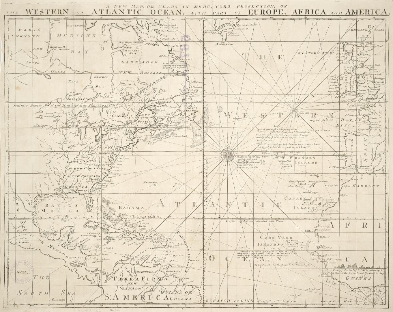 A new map or chart in Mercators projection of the Western or Atlantic Ocean, with part of Europe, Africa and America
