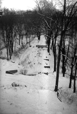 Image shows snow covered ground in the park.