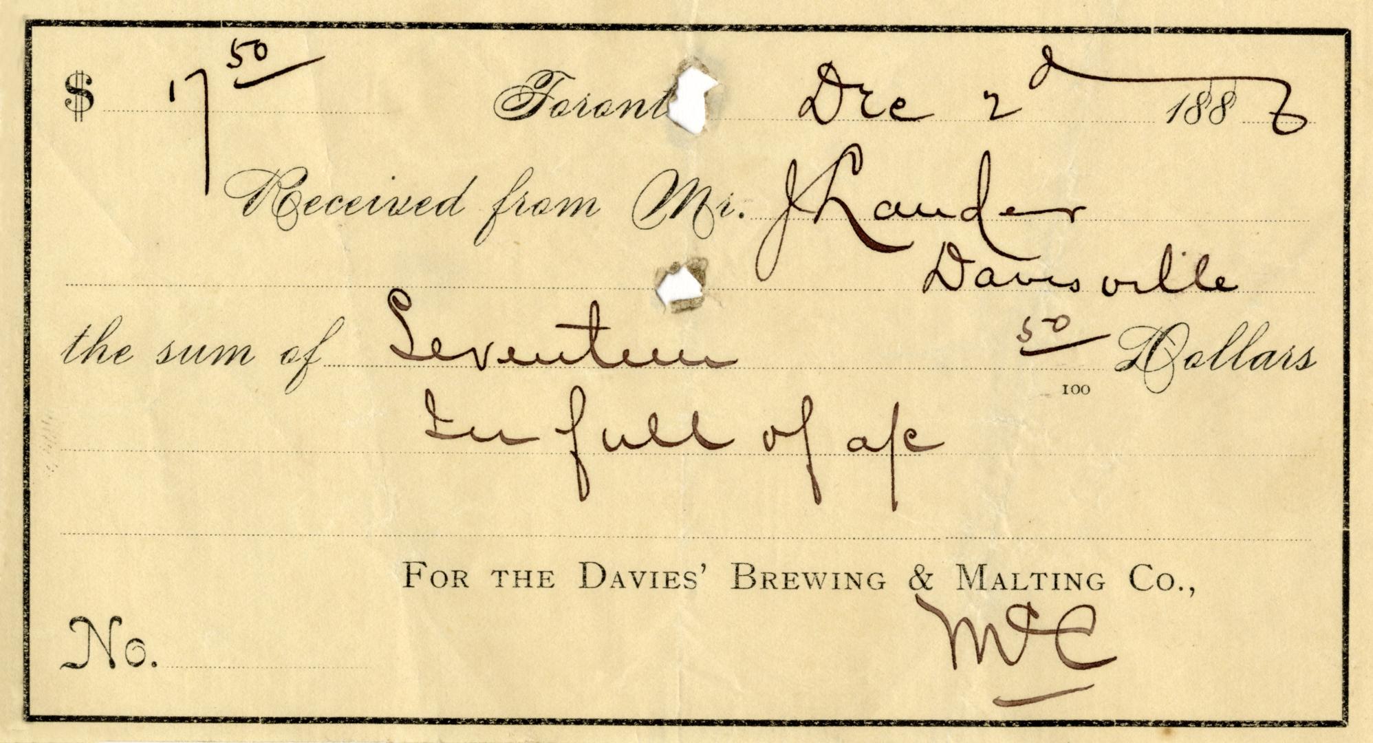 Received from ... for the Davies' Brewing & Malting Co.