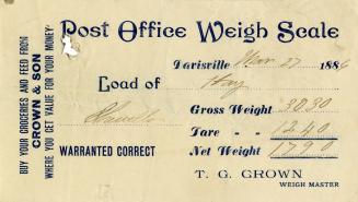 Image shows a Post Office weight Scale that reads &quot;Davisville March 27 1884; load of hay;  ...