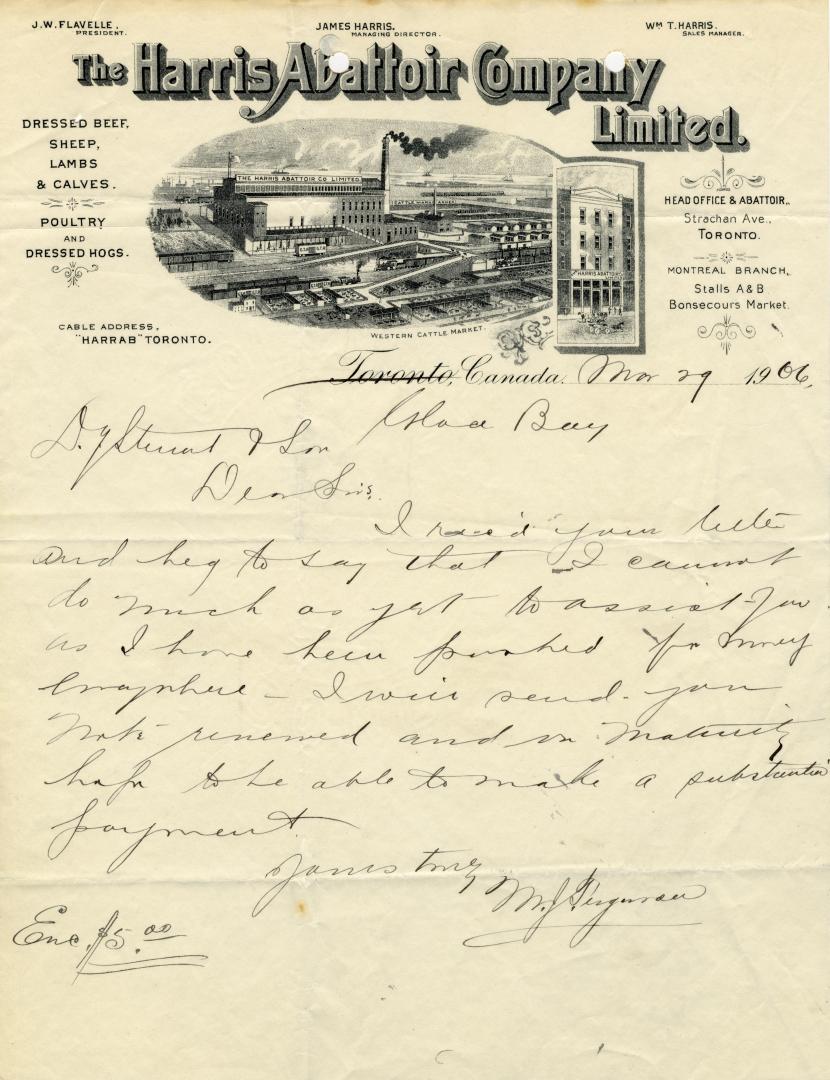 Hand-written note on Harris Abattoir Company Limited letterhead. Dated May 29, 1906, in Toronto ...