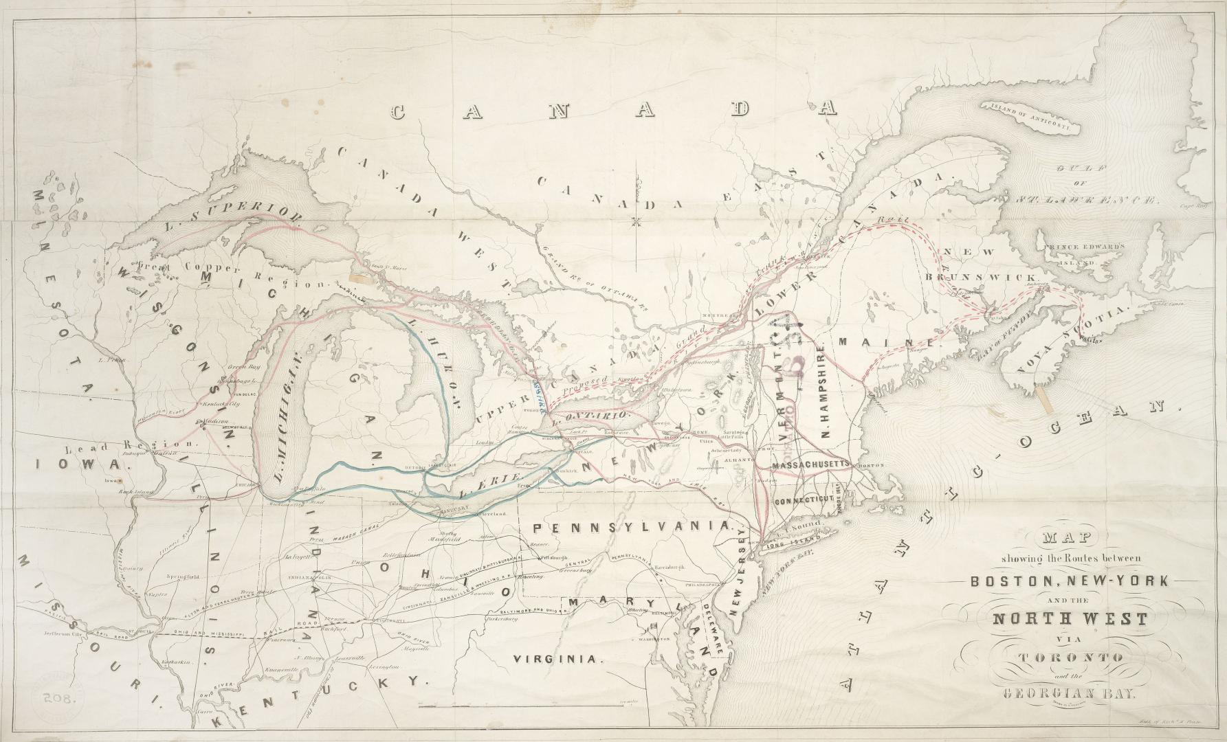 Map showing the routes between Boston, New-York and the North West via Toronto and the Georgian Bay