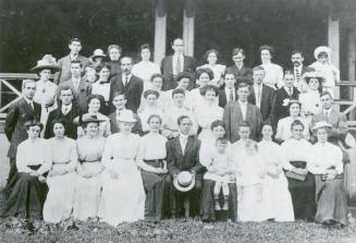 Morningside Presbyterian Church (1891-1916), Morningside Avenue, northeast corner Kennedy Avenue, group portrait of parishioners, showing minister J.T. Hall in centre of front row