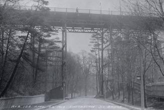 Sherbourne St., bridge, north of Bloor Street East, looking along Rosedale Valley Road