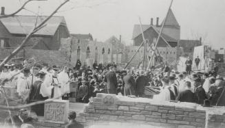Historic photo from 1925 - St. Clement's Anglican Church - laying of consecration stone in south wall, looking north in Lytton Park