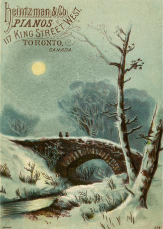 Illustration of a serene winter moonlit scene by a river. There are a number of trees and there ...