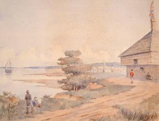 Image shows a few people by the lake with some buildings in the background.