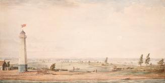 Image shows a lighthouse, a few trees and the lake in the background.