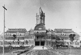 Historic photo from 1884 - Second Crystal Palace (1879-1906) - north side, two stories with cupola and tower in CNE