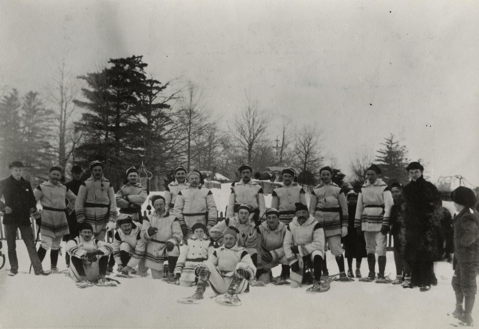 Toronto Snowshoe Club, in front of fountain, Queen's Park, at head of University Avenue