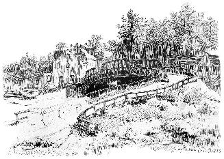 Lakeshore Boulevard West, looking west across Humber River, showing Charles Nurse's hotel, south side Lakeshore Boulevard West, west side Humber River