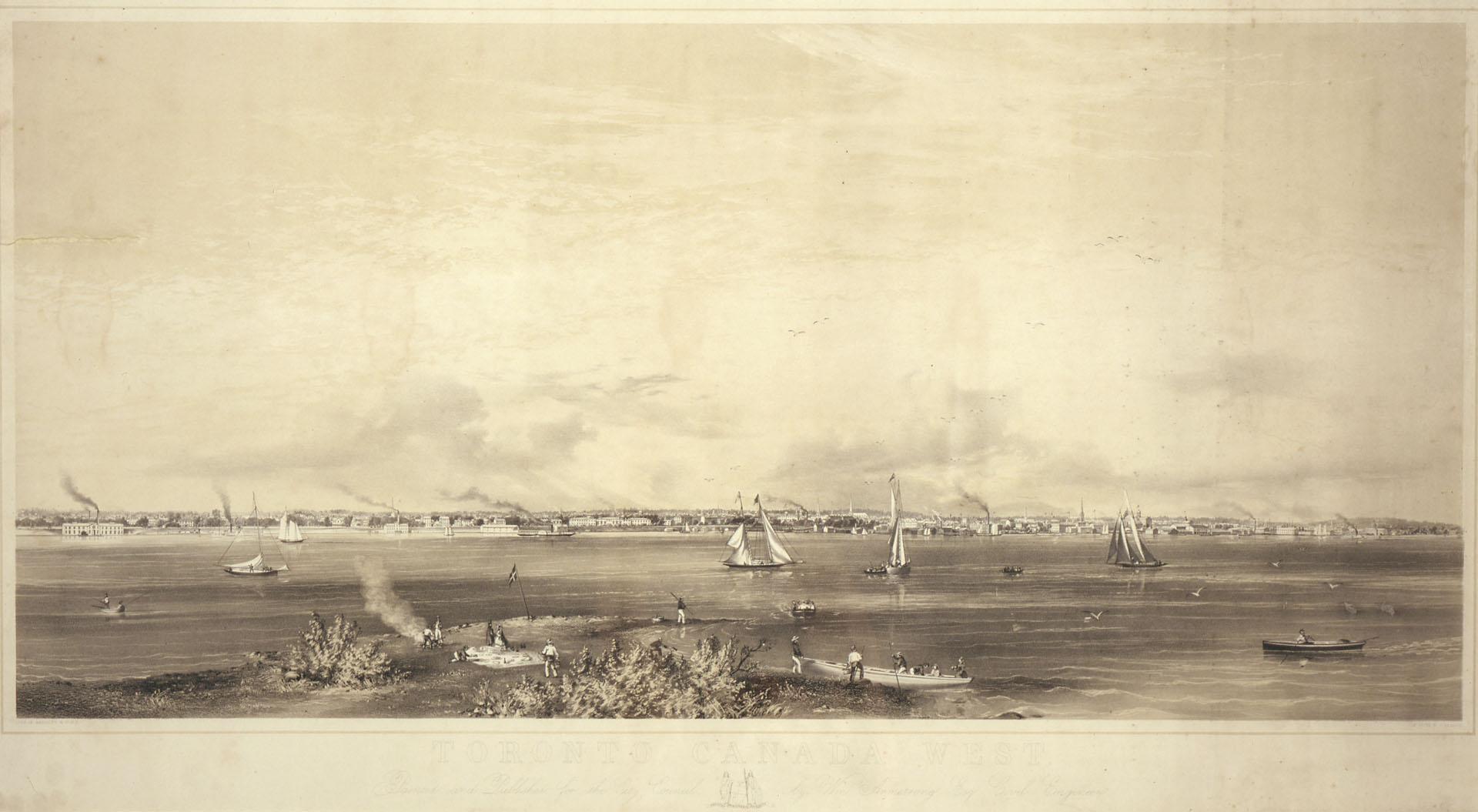 Toronto Harbour 1856, view from Hanlan's Point, showing from west of foot of Spadina Avenue on the left, to about foot of Parliament St. on the right