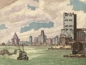 Painting shows a lake view with the Harbor buildings in the background.
