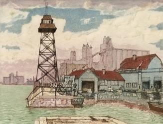 Painting shows a police lookout tower by the lake with some buildings in the background.
