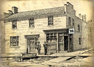 Black Bull Hotel, circa 1835. Queen Street West, north east corner Soho St., Toronto, Ontario