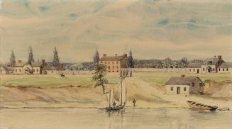 Image shows a few houses and some trees by the water.