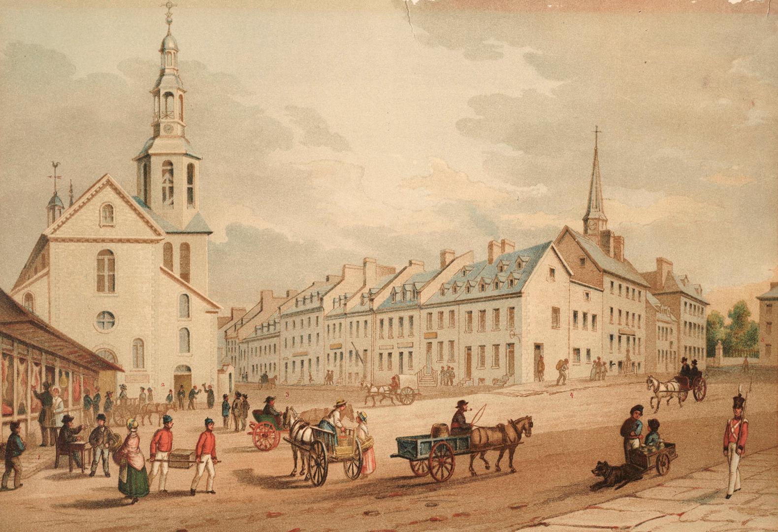 View of the Market Place and Catholic Church, Uppertown, Quebec - 1832