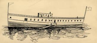 Drawing shows a steam ship on the water.