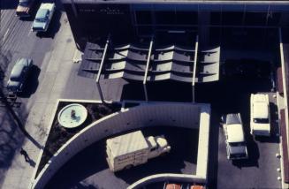 Aerial view of trucks, loading dock, Park Plaza Hotel, Toronto, Ontario, Canada ca. 1958