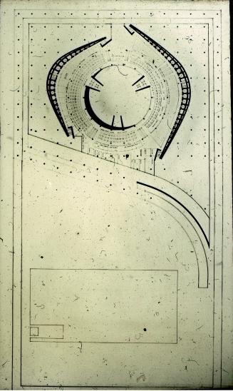 Viljo Revell entry, City Hall and Square Competition, Toronto, 1958, architectural drawing, aerial view, stage two