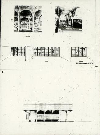 I. M. Pei & Associates entry, City Hall and Square Competition, Toronto, 1958, three perspective drawings and arch detail