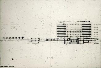 Frank Mikutowski entry, City Hall and Square Competition, Toronto, 1958, longitudinal section drawing