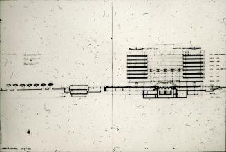 Frank Mikutowski entry, City Hall and Square Competition, Toronto, 1958, longitudinal section drawing