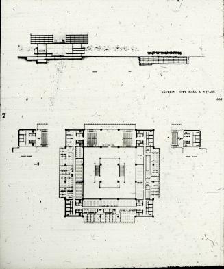 Frank Mikutowski entry City Hall and Square Competition, Toronto, 1958, section of hall and floor plan