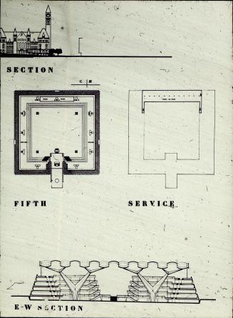 John H. Andrews entry, City Hall and Square Competition, Toronto, 1958, two floor plans and a section drawing