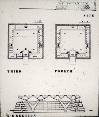 John H. Andrews entry City Hall and Square Competition, Toronto, 1958, two floor plans and section