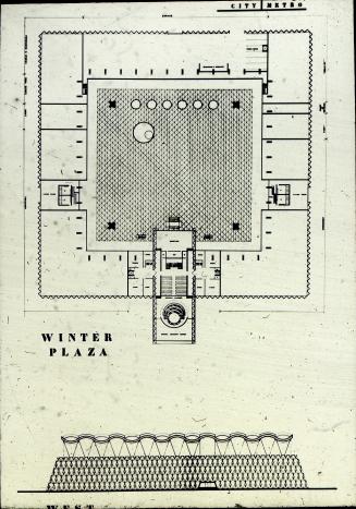 John H. Andrews entry City Hall and Square Competition, Toronto, 1958, plan and section drawings