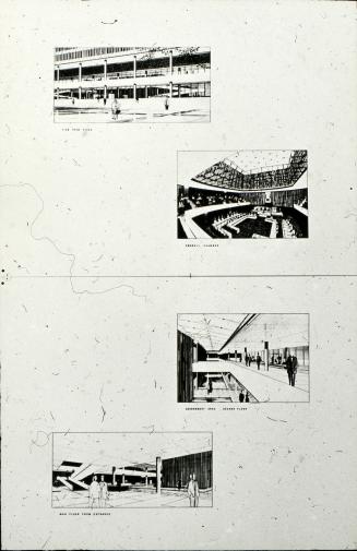David Horne entry, City Hall and Square Competition, Toronto, 1958, four perspective drawings