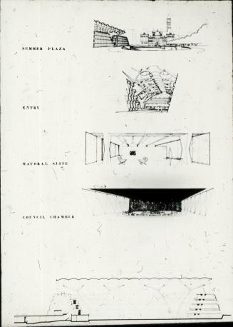John H. Andrews entry City Hall and Square Competition, Toronto, 1958, perspective drawings and section drawing