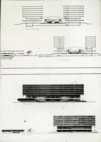 David Horne entry, City Hall and Square Competition, Toronto, 1958, section and elevation drawings