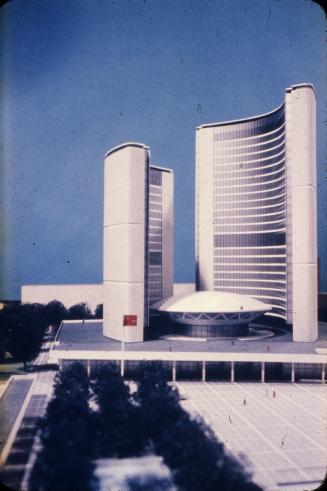 Viljo Revell entry, City Hall and Square Competition, Toronto, 1958, architectural model in situ, stage two