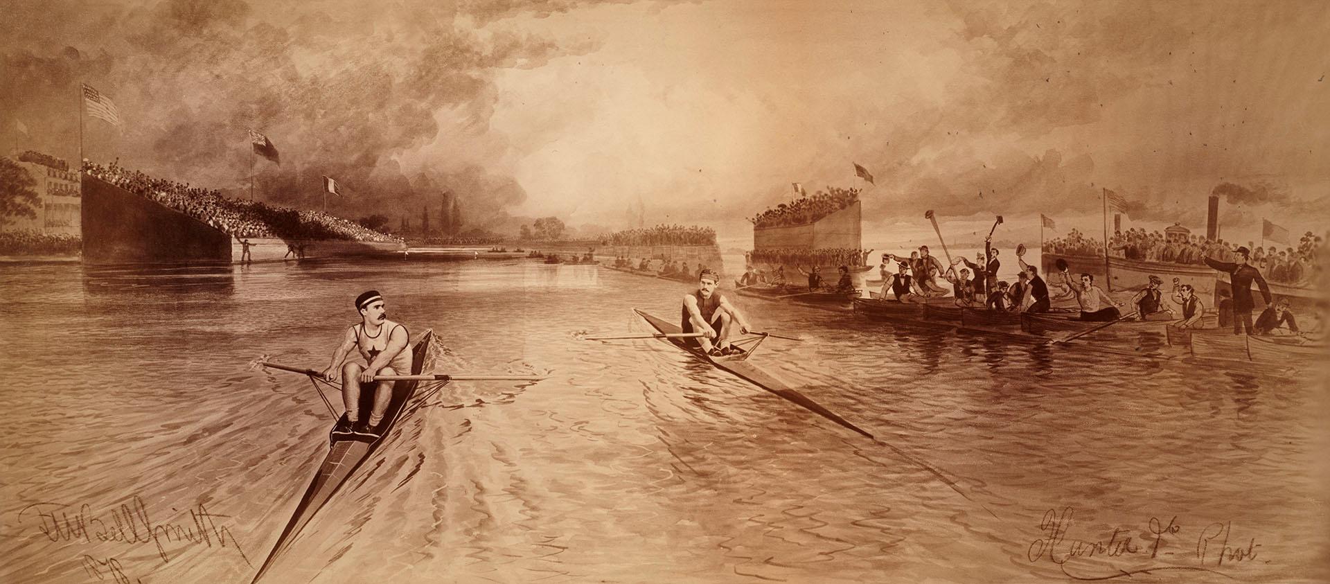 Image shows a lake view with some rowing competition participants.