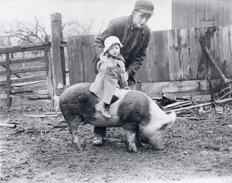 Frank Arlington Tomlinson holding Freddie Wicks on a pig