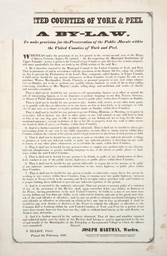 United counties of York & Peel a by-law, to make provision for the preservation of the public morals within the United counties of York and Peel