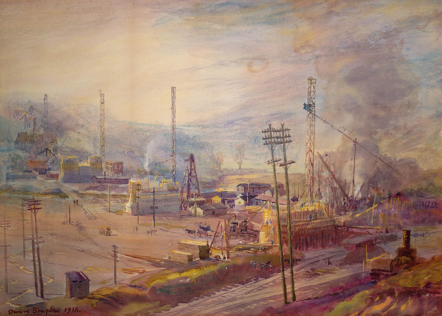 Painting shows a construction site.
