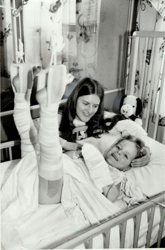 He's chipper. Ross Reardon, 4, who fell from a third-storey bedroom window in his Eglinton Ave. E. apartment, was trussed up in trussed up in Scarboro(...)