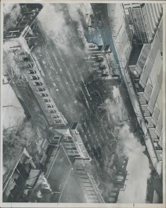 Air view shows ruins of manufacturers building