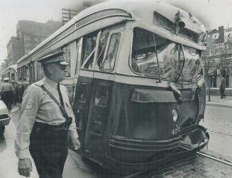 Crumpled front of TTC Streetcar after ramming another