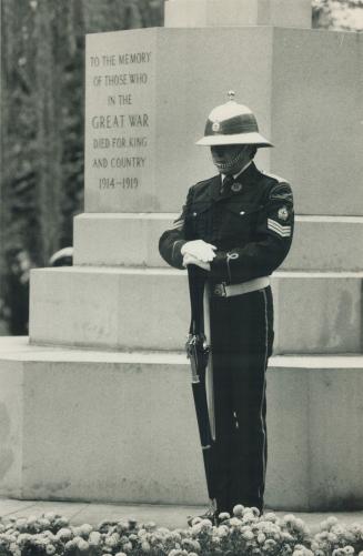 A Royal Canadian Legion member stands at Reverse Arms before the Cenotaph at today's Remembrance Day service in Prospect Cemetary
