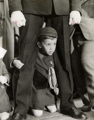 This little patriot peering so wistfully through the stalwart legs of the policeman was one of thousands of youngsters who joined grown-ups in a crowd(...)