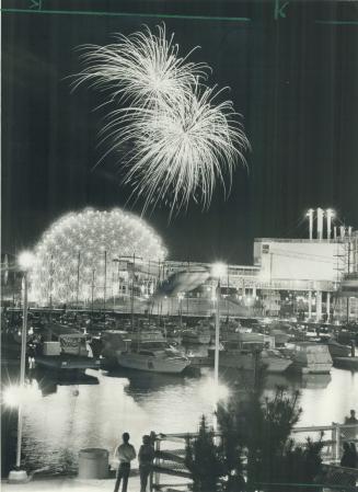 Historic photo from Monday, May 18, 1981 - 45,000 people watching the fireworks at Ontario Place over the geodesic dome of the Cinespehere in Ontario Place