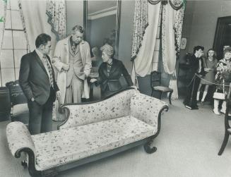 Antique sofa in drawing-room of the restored Grange is a topic of conversation for William Dearman, Charles Lucas and Jeanne Minhinnick at the showing(...)